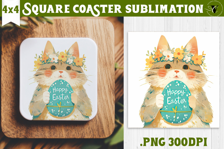 Easter Square Coaster | Watercolor Cat | Happy Easter
