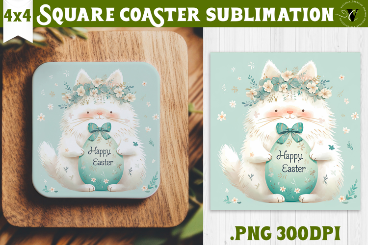 Easter Square Coaster | Watercolor Cat | Happy Easter