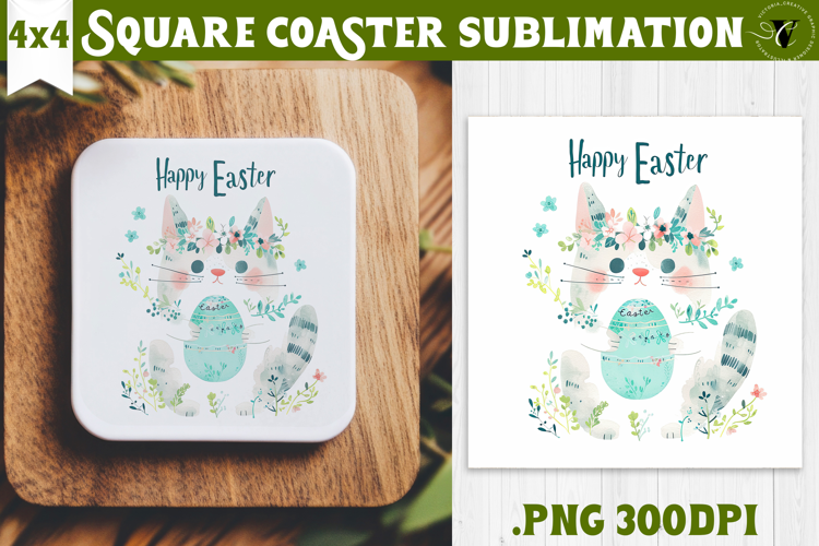Easter Square Coaster | Watercolor Cat | Happy Easter