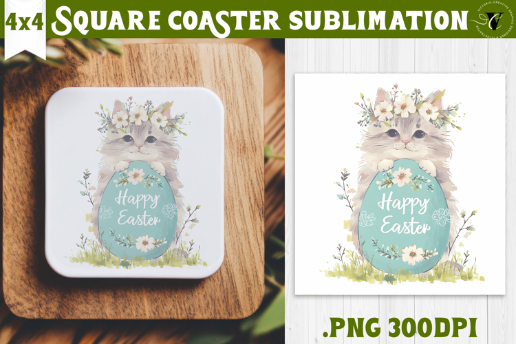 Easter Square Coaster | Watercolor Cat | Happy Easter