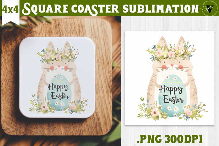 Easter Square Coaster | Watercolor Cat | Happy Easter