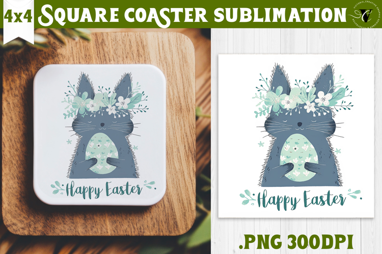 Easter Square Coaster | Watercolor Cat | Happy Easter