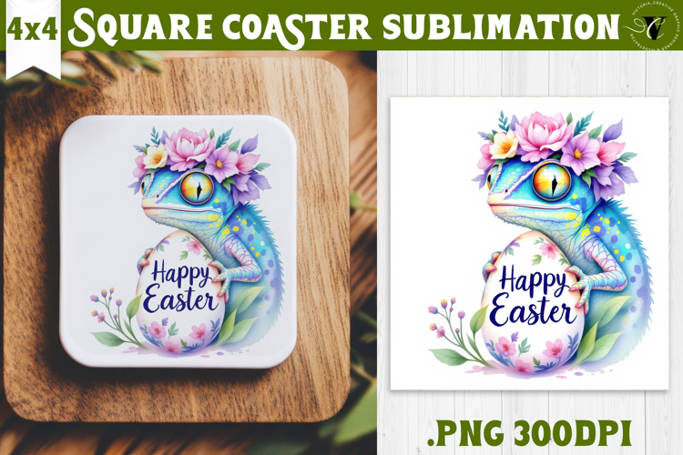 Easter Square Coaster | Watercolor chameleon | Happy Easter