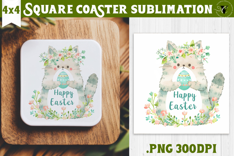 Easter Square Coaster | Watercolor Cat | Happy Easter