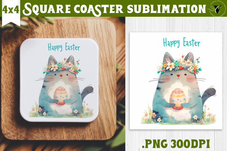 Easter Square Coaster | Watercolor Cat | Happy Easter