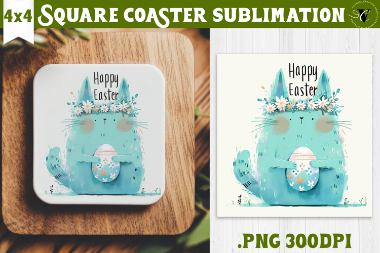 Easter Square Coaster | Watercolor Cat | Happy Easter