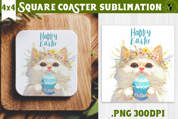 Easter Square Coaster | Watercolor Cat | Happy Easter