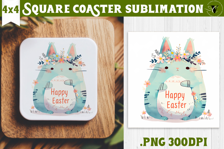 Easter Square Coaster | Watercolor Cat | Happy Easter