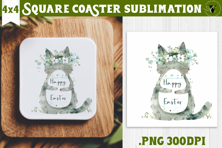 Easter Square Coaster | Watercolor Cat | Happy Easter