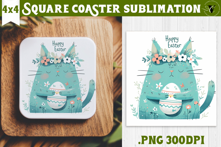 Easter Square Coaster | Watercolor Cat | Happy Easter