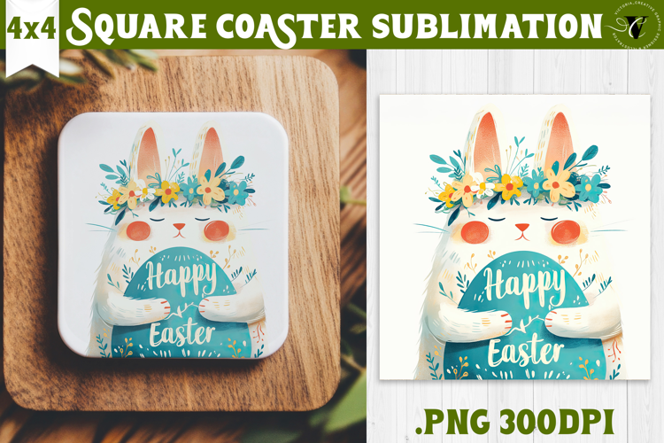 Easter Square Coaster | Watercolor Cat | Happy Easter