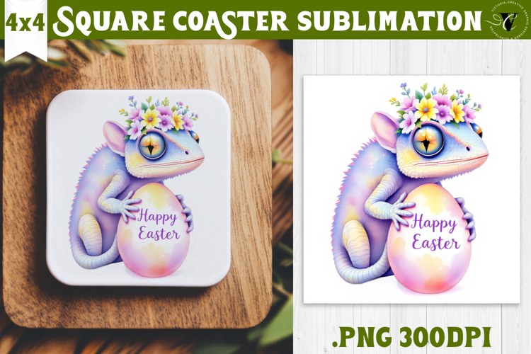 Easter Square Coaster | Watercolor chameleon | Happy Easter