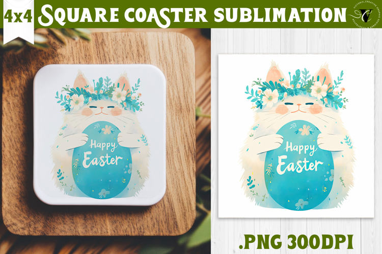 Easter Square Coaster | Watercolor Cat | Happy Easter