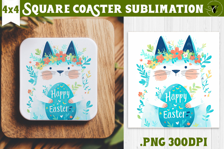 Easter Square Coaster | Watercolor Cat | Happy Easter