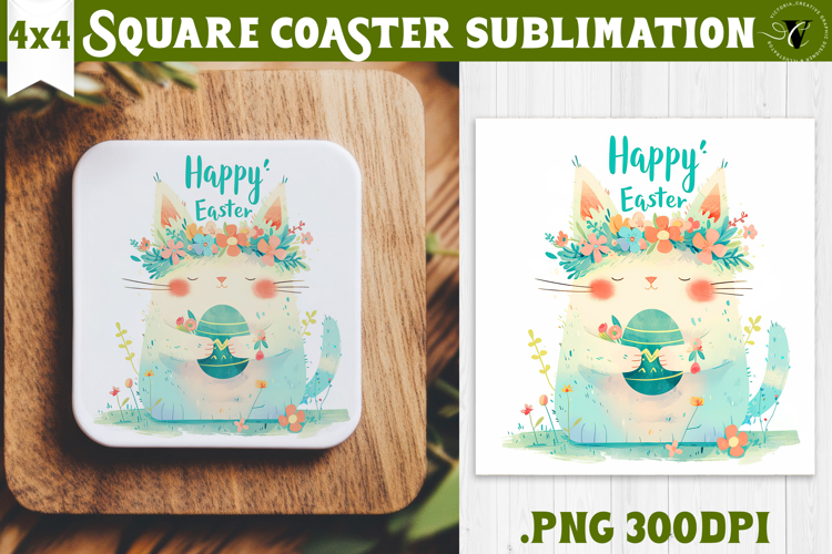Easter Square Coaster | Watercolor Cat | Happy Easter