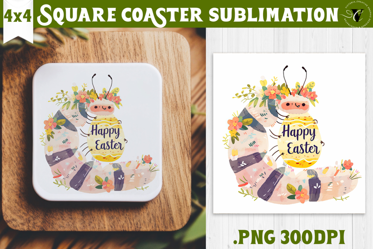 Easter Square Coaster | Watercolor Caterpillar | Happy Easte