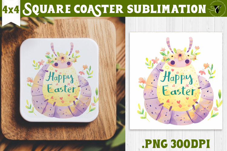 Easter Square Coaster | Watercolor Caterpillar |Happy Easter