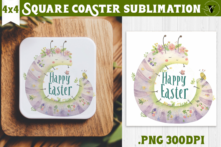 Easter Square Coaster | Watercolor Caterpillar |Happy Easter