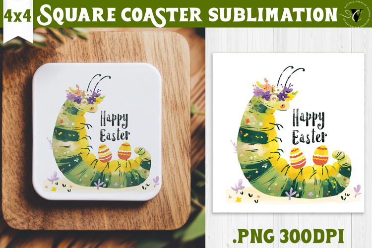 Easter Square Coaster | Watercolor Caterpillar |Happy Easter