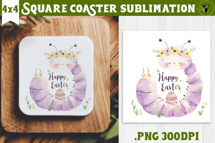 Easter Square Coaster | Watercolor Caterpillar |Happy Easter