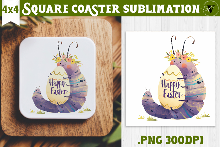 Easter Square Coaster | Watercolor Caterpillar |Happy Easter