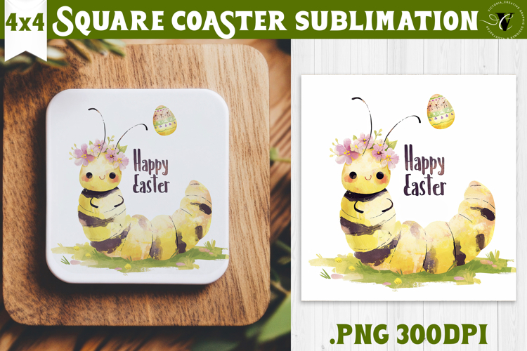 Easter Square Coaster | Watercolor Caterpillar |Happy Easter