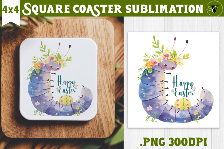Easter Square Coaster | Watercolor Caterpillar |Happy Easter