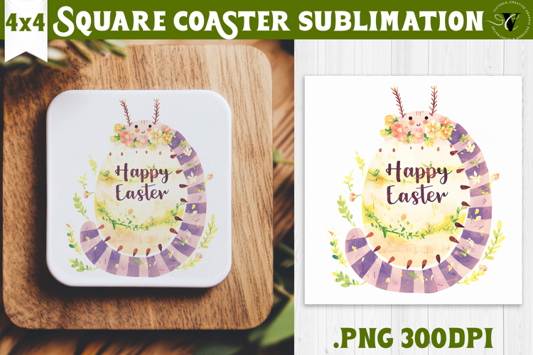 Easter Square Coaster | Watercolor Caterpillar |Happy Easter