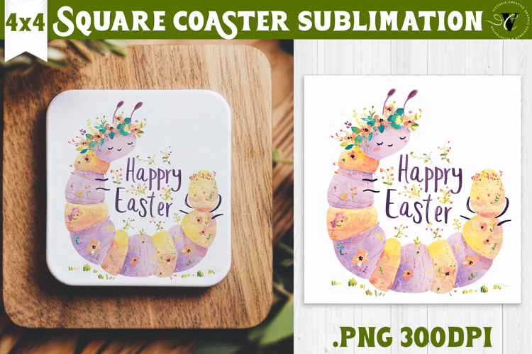 Easter Square Coaster | Watercolor Caterpillar |Happy Easter