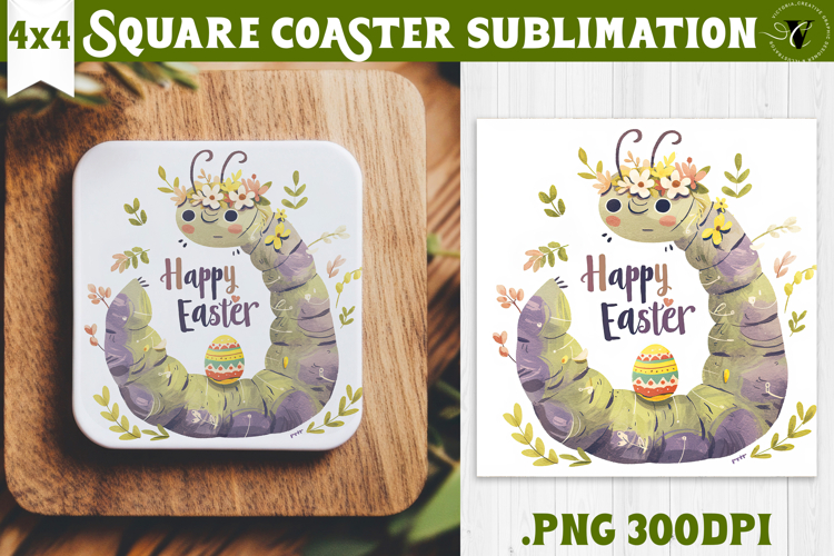 Easter Square Coaster | Watercolor Caterpillar |Happy Easter example image 1