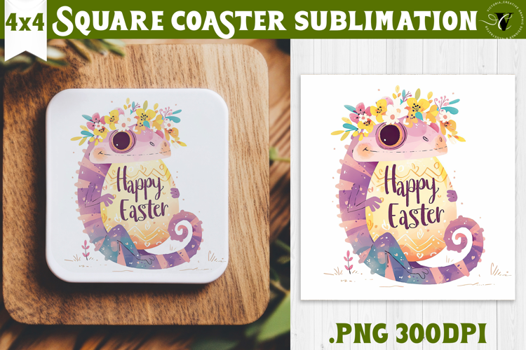 Easter Square Coaster | Watercolor chameleon | Happy Easter