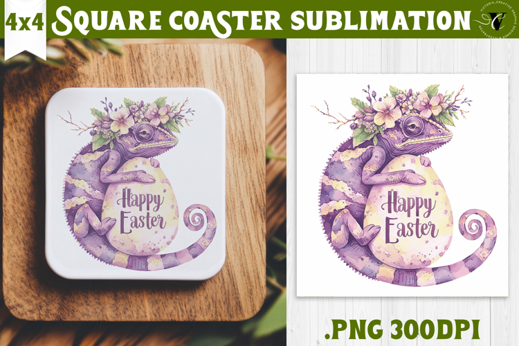 Easter Square Coaster | Watercolor chameleon | Happy Easter