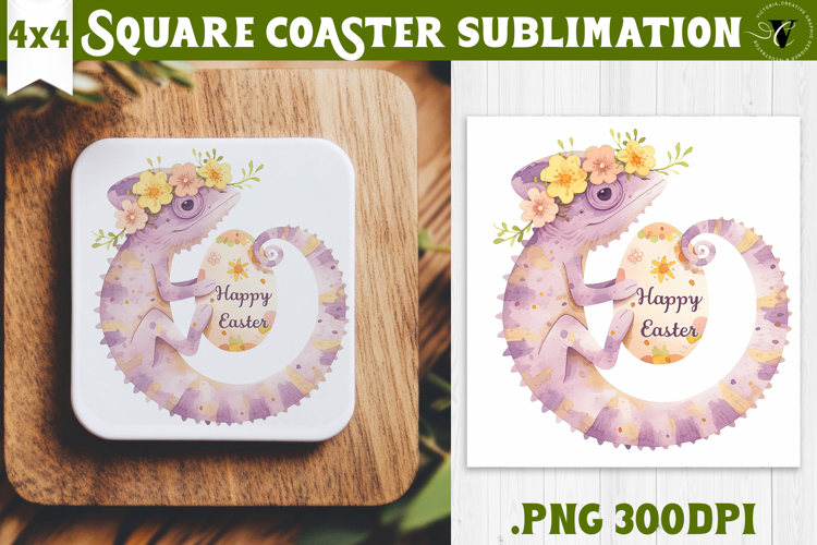Easter Square Coaster | Watercolor chameleon | Happy Easter