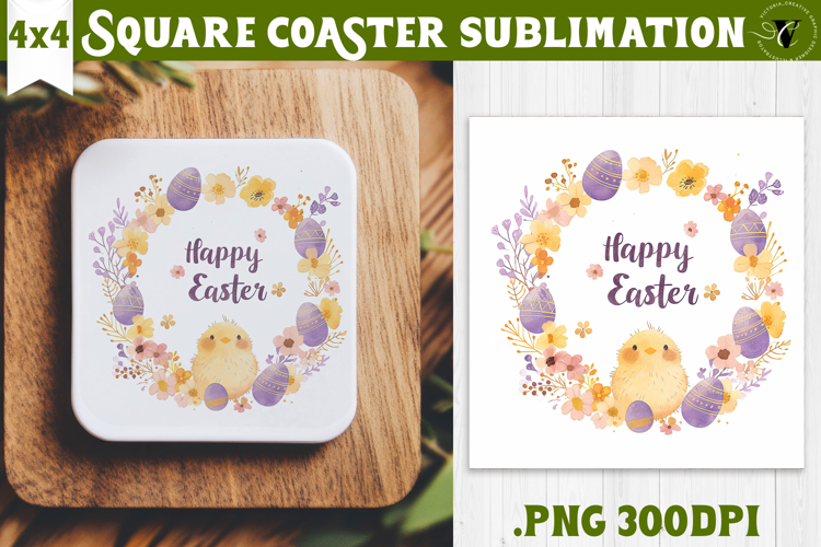 Easter Square Coaster | Watercolor Chick | Happy Easter