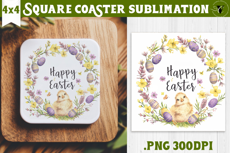 Easter Square Coaster | Watercolor Chick | Happy Easter