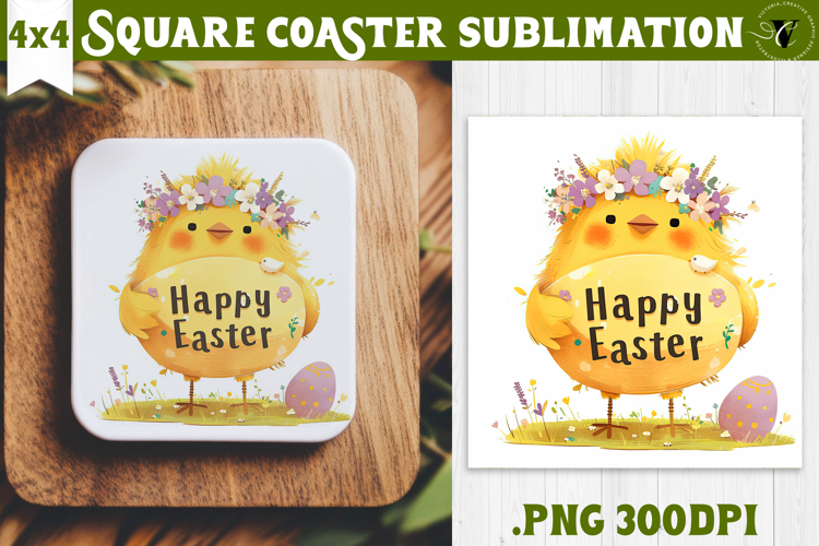 Easter Square Coaster | Watercolor Chick | Happy Easter