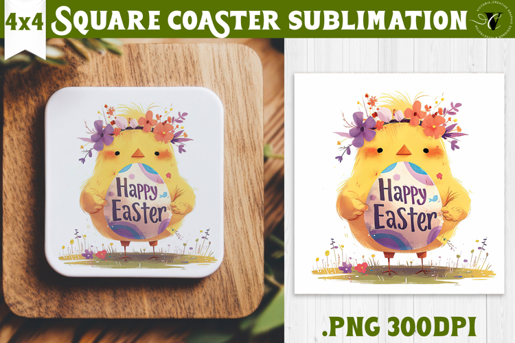 Easter Square Coaster | Watercolor Chick | Happy Easter