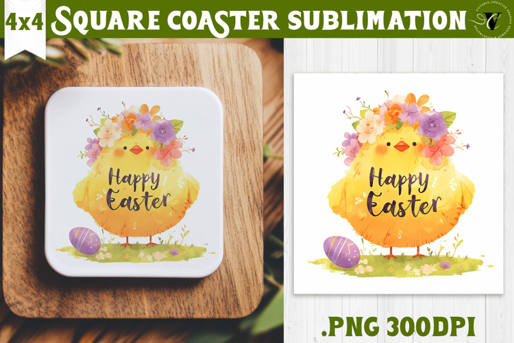 Easter Square Coaster | Watercolor Chick | Happy Easter
