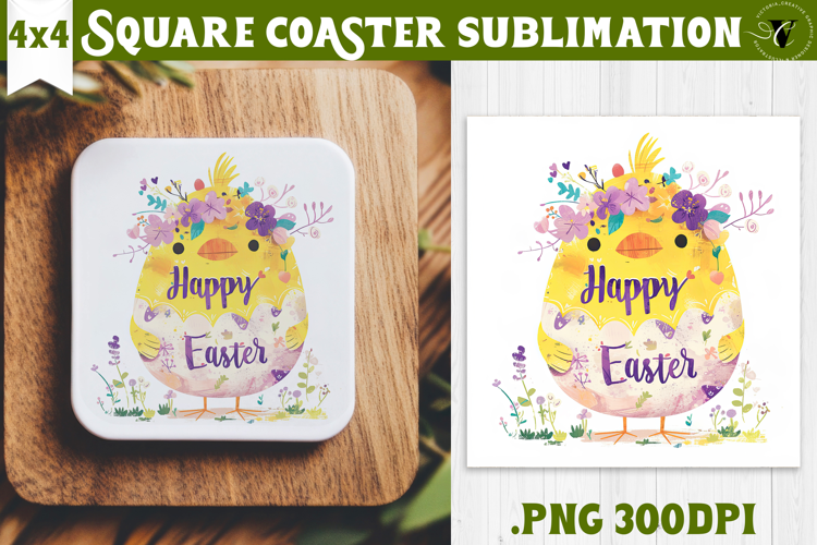 Easter Square Coaster | Watercolor Chick | Happy Easter
