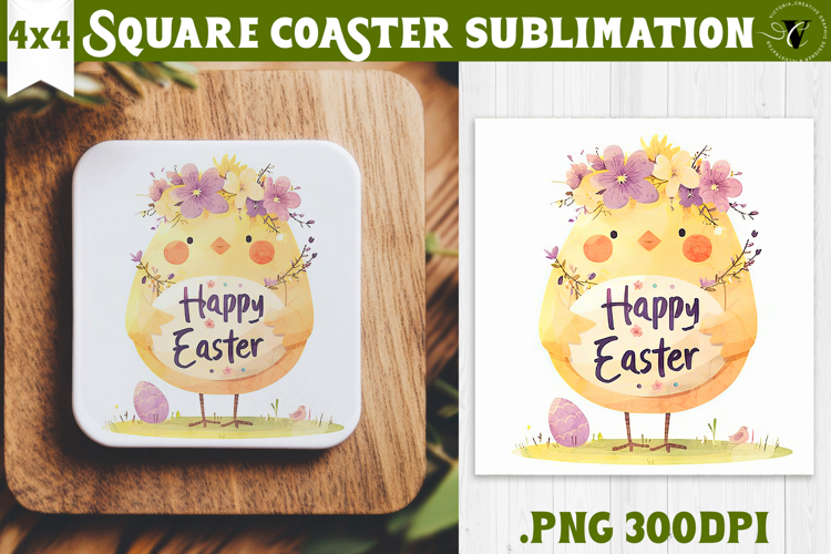 Easter Square Coaster | Watercolor Chick | Happy Easter