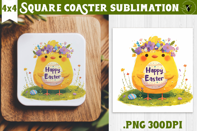 Easter Square Coaster | Watercolor Chick | Happy Easter