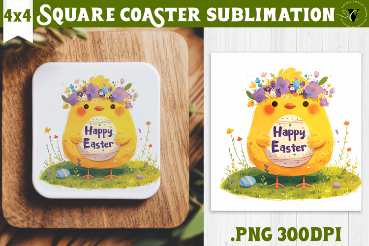 Easter Square Coaster | Watercolor Chick | Happy Easter