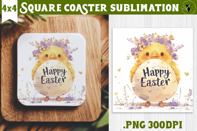 Easter Square Coaster | Watercolor Chick | Happy Easter