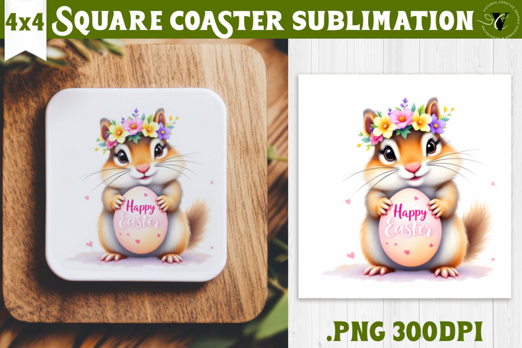 Easter Square Coaster | Watercolor Squirrel | Happy Easter