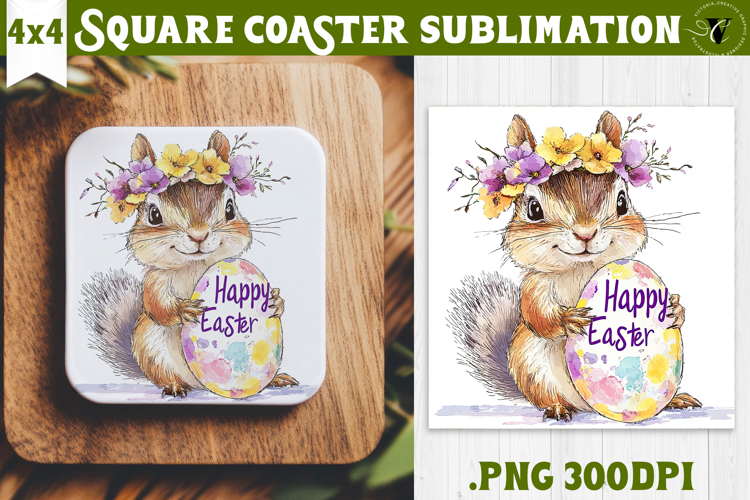 Easter Square Coaster | Watercolor Squirrel | Happy Easter