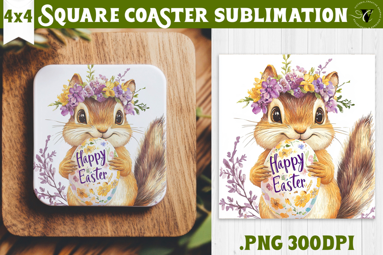 Easter Square Coaster | Watercolor Squirrel | Happy Easter