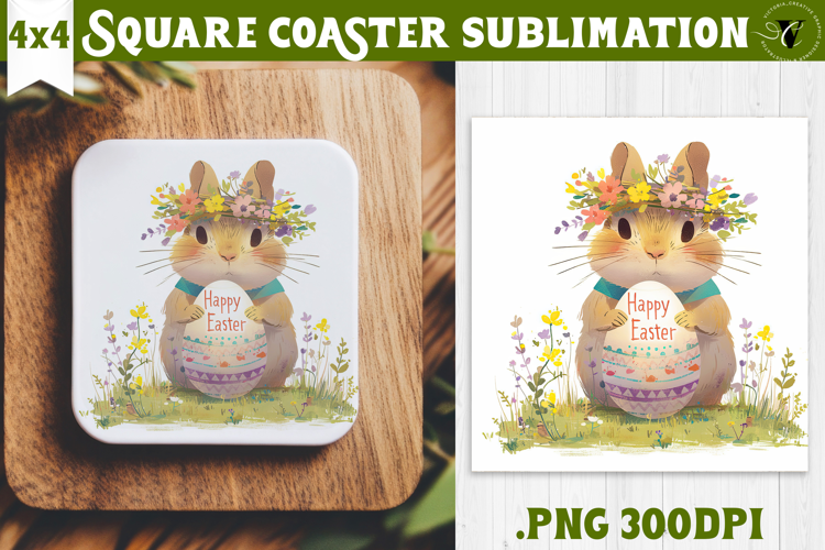 Easter Square Coaster | Watercolor Squirrel | Happy Easter