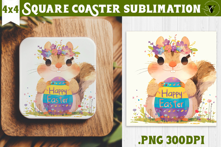 Easter Square Coaster | Watercolor Squirrel | Happy Easter