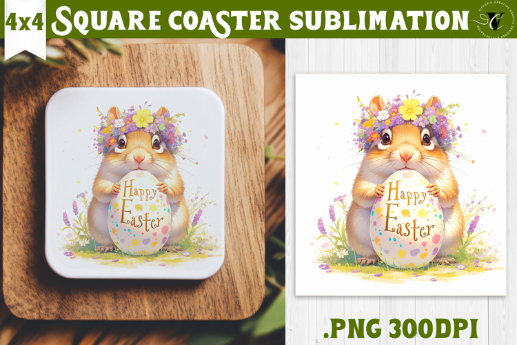 Easter Square Coaster | Watercolor Squirrel | Happy Easter