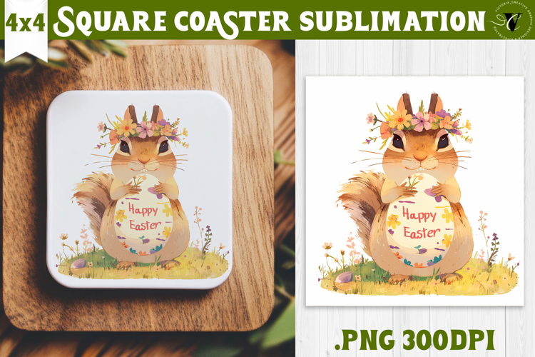 Easter Square Coaster | Watercolor Squirrel | Happy Easter